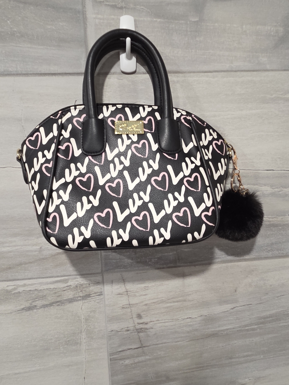 Betsey Johnson Luv Betsey Heart Print Satchel Handbag with Pom Charm